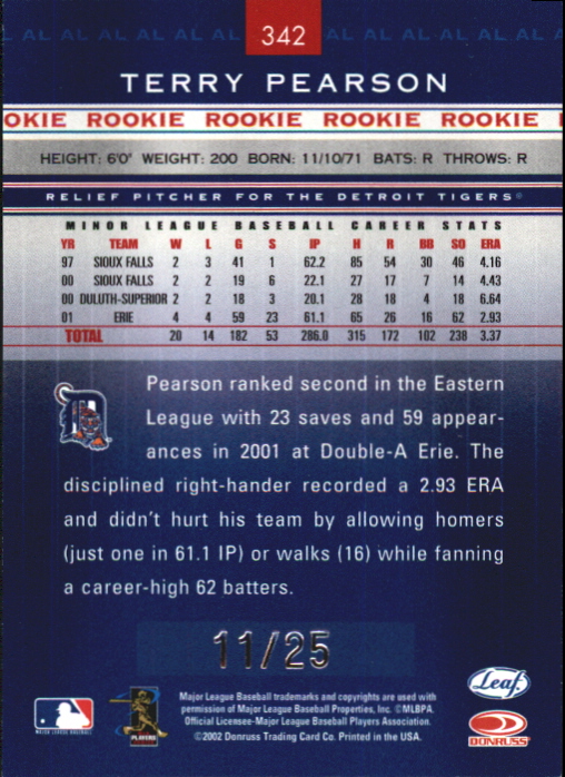 2002 Leaf Rookies and Stars Longevity #342 Terry Pearson RS back image