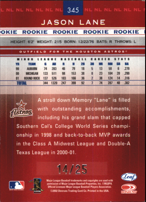 2002 Leaf Rookies and Stars Longevity #345 Jason Lane RS back image