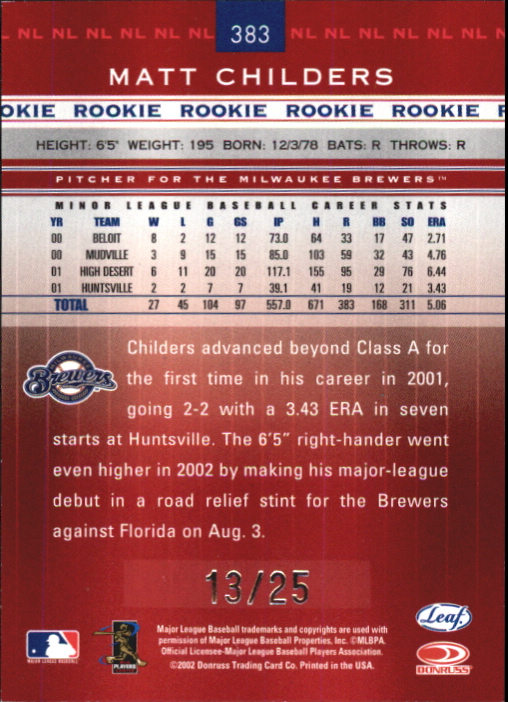 2002 Leaf Rookies and Stars Longevity #383 Matt Childers RS back image