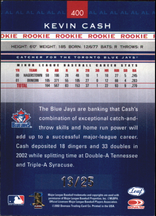 2002 Leaf Rookies and Stars Longevity #400 Kevin Cash RS back image