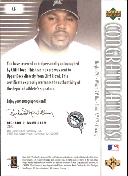 2002 SP Authentic Chirography Gold #CF Cliff Floyd/30 back image
