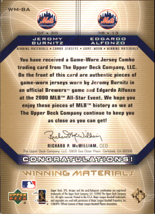 2002 SPx Winning Materials 2-Player Jersey Combos #WMBA Jeromy Burnitz/Edgardo Alfonzo back image