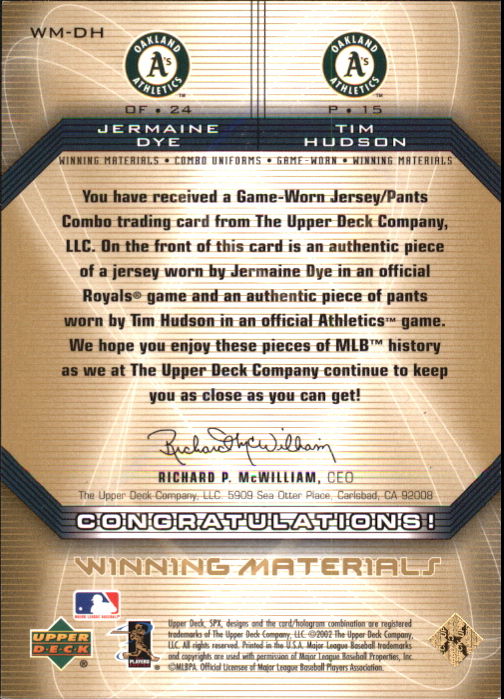 2002 SPx Winning Materials 2-Player Jersey Combos #WMDH Jermaine Dye/Tim Hudson back image