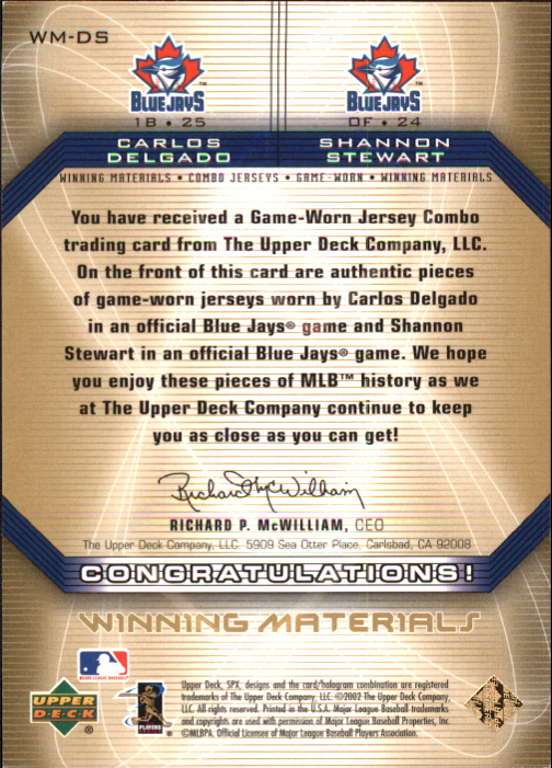 2002 SPx Winning Materials 2-Player Jersey Combos #WMDS Carlos Delgado/Shannon Stewart back image