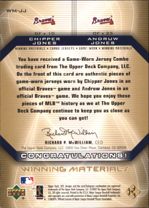 2002 SPx Winning Materials 2-Player Jersey Combos #WMJJ Chipper Jones/Andruw Jones back image