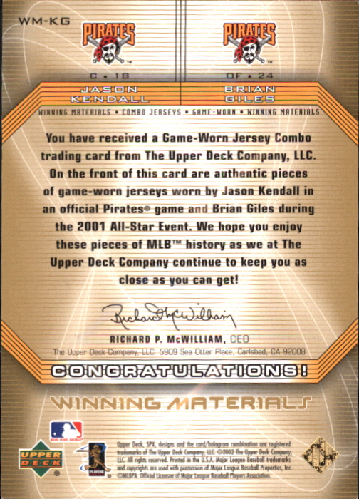 2002 SPx Winning Materials 2-Player Jersey Combos #WMKG Jason Kendall/Brian Giles back image