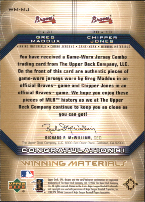 2002 SPx Winning Materials 2-Player Jersey Combos #WMMJ Greg Maddux/Chipper Jones back image