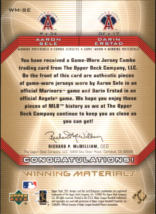 2002 SPx Winning Materials 2-Player Jersey Combos #WMSE Aaron Sele/Darin Erstad back image