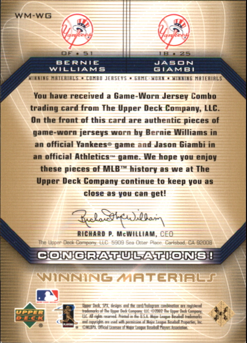 2002 SPx Winning Materials 2-Player Jersey Combos #WMWG Bernie Williams/Jason Giambi DP back image