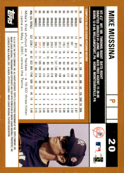 2002 Topps #20 Mike Mussina back image
