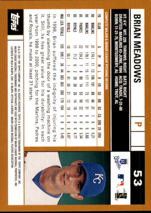 2002 Topps #53 Brian Meadows back image