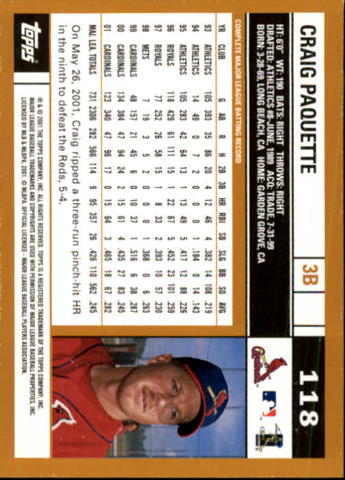 2002 Topps #118 Craig Paquette back image