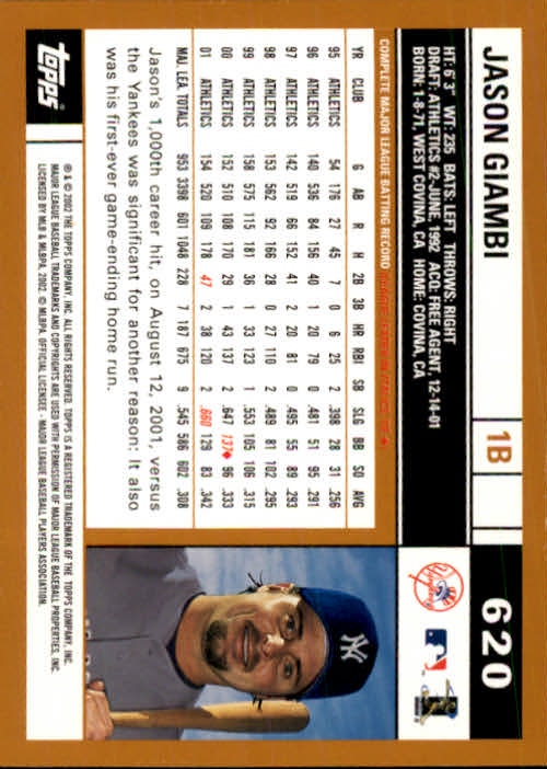 2002 Topps #620 Jason Giambi Yankees back image