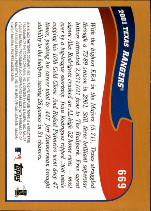 2002 Topps #669 Texas Rangers TC back image