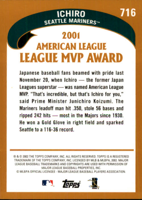 2002 Topps #716 Ichiro Suzuki MVP back image