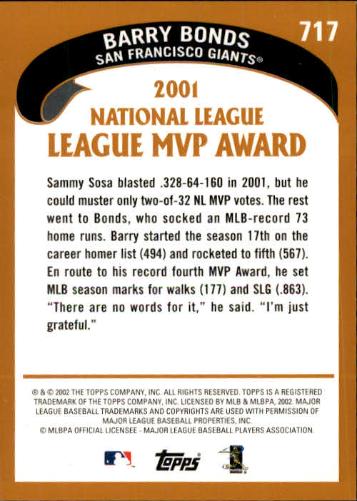 2002 Topps #717 Barry Bonds MVP back image
