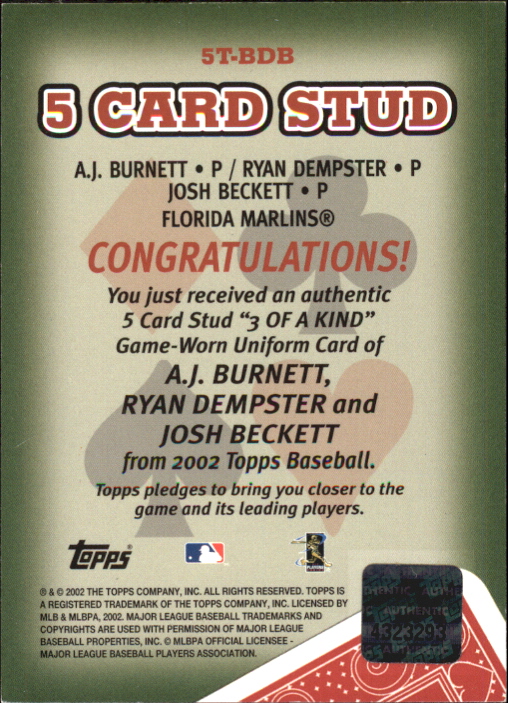 2002 Topps 5-Card Stud Three of a Kind Relics #5TBDB A.J. Burnett Uni/Ryan Dempster Uni/Josh Beckett Uni A back image