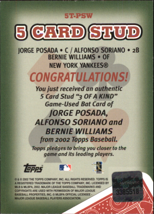 2002 Topps 5-Card Stud Three of a Kind Relics #5TPSW Jorge Posada/Alfonso Soriano/Bernie Williams B back image