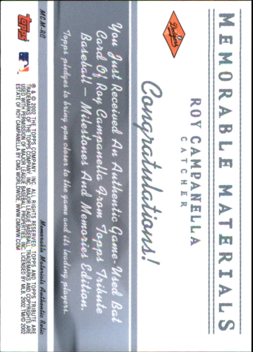 2002 Topps Tribute Memorable Materials #RC Roy Campanella Bat B back image