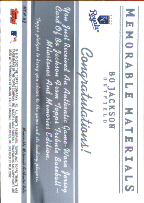 2002 Topps Tribute Memorable Materials Jersey Number #BJ Bo Jackson Jsy/16 back image