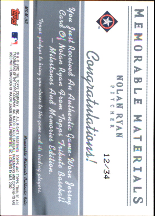 2002 Topps Tribute Memorable Materials Jersey Number #NR Nolan Ryan Jsy/34 back image
