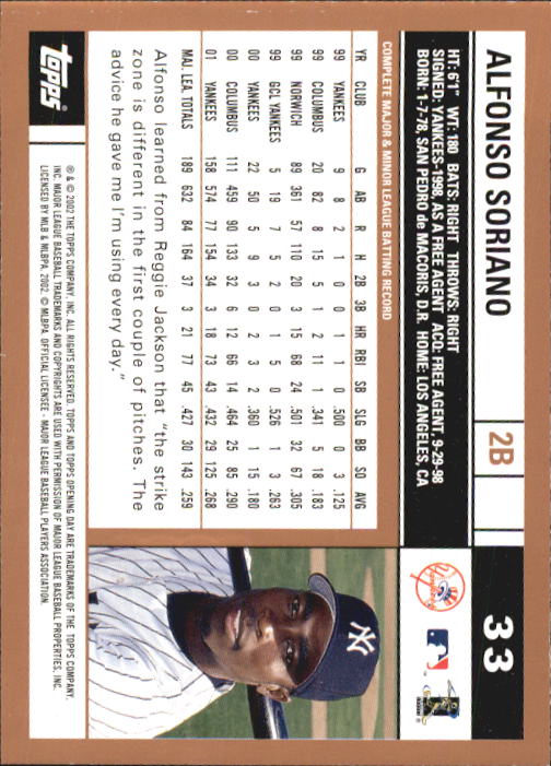 2002 Topps Opening Day #33 Alfonso Soriano back image