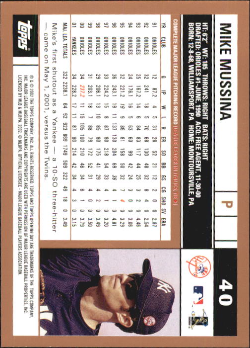 2002 Topps Opening Day #40 Mike Mussina back image