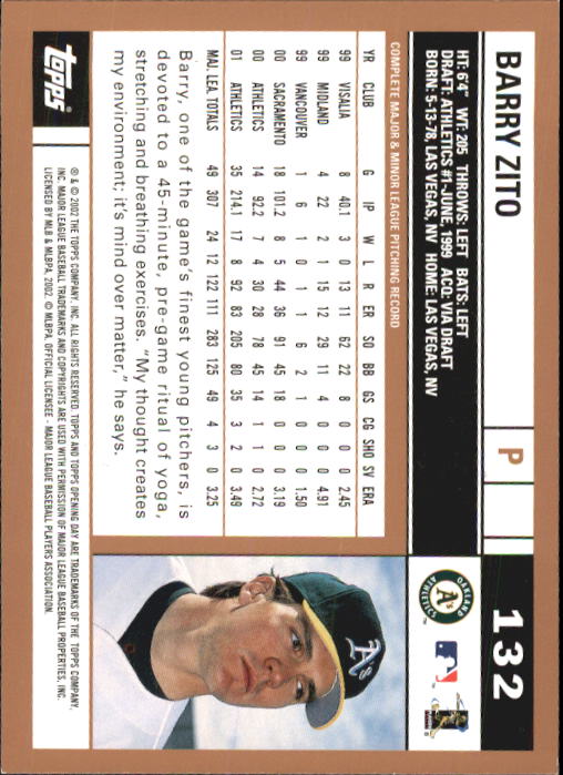 2002 Topps Opening Day #132 Barry Zito back image