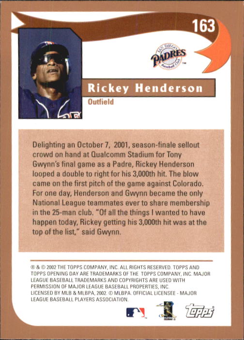 2002 Topps Opening Day #163 Rickey Henderson HL back image