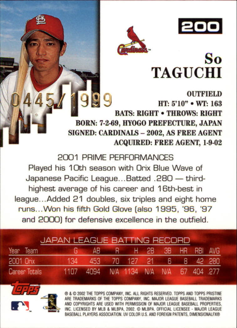 2002 Topps Pristine #200 So Taguchi U back image