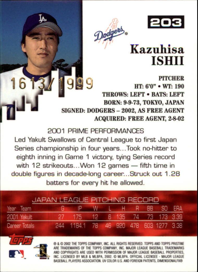 2002 Topps Pristine #203 Kazuhisa Ishii U back image