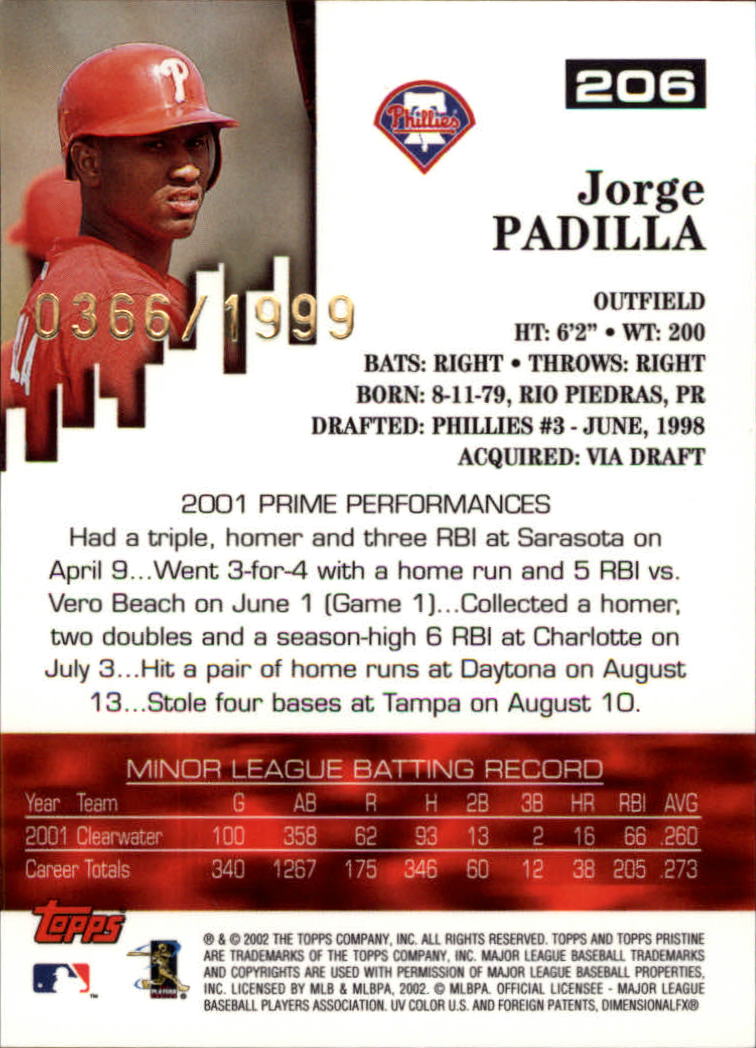 2002 Topps Pristine #206 Jorge Padilla U back image