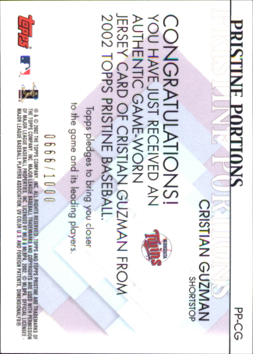 2002 Topps Pristine Portions #CG Cristian Guzman Jsy B back image