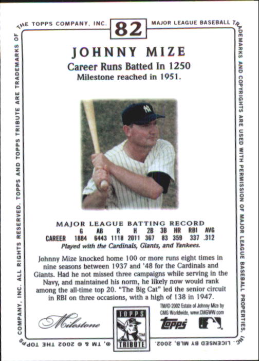 2002 Topps Tribute #82 Johnny Mize back image