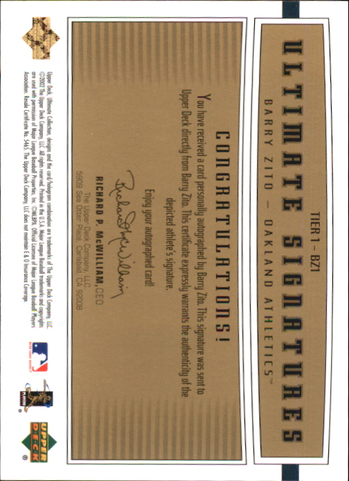 2002 Ultimate Collection Signatures Tier 1 Gold #BZ1 Barry Zito