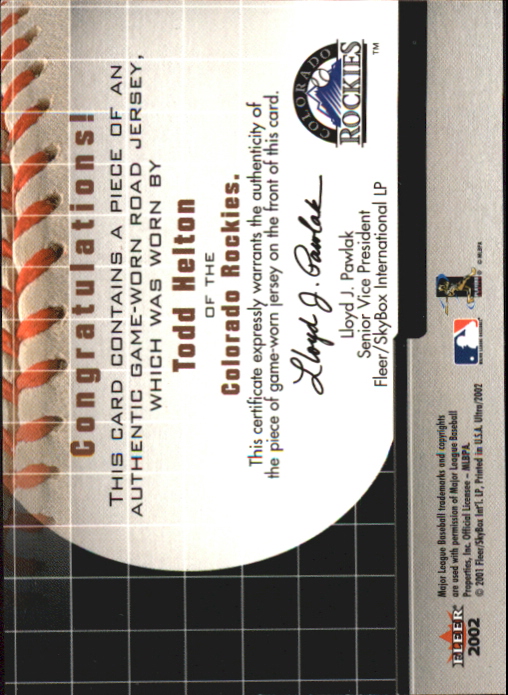 2002 Ultra On the Road Game Jersey #9 Todd Helton back image