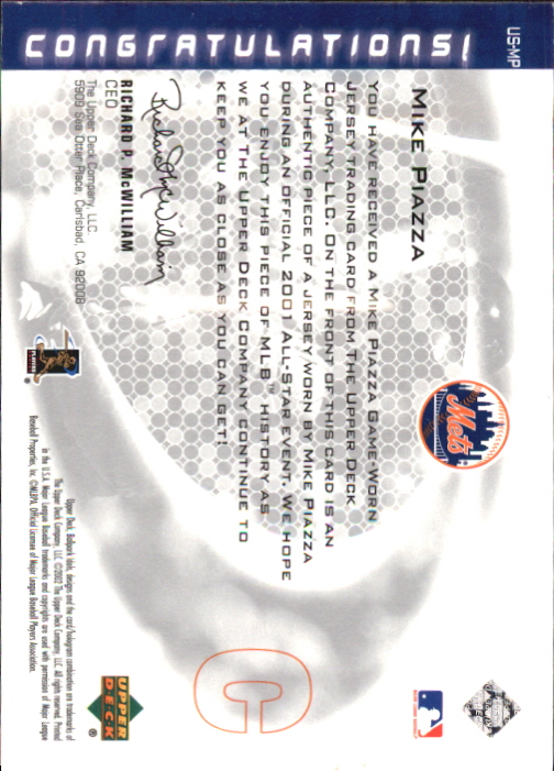 2002 Upper Deck Ballpark Idols Uniform Sluggers Jerseys #MP Mike Piazza back image