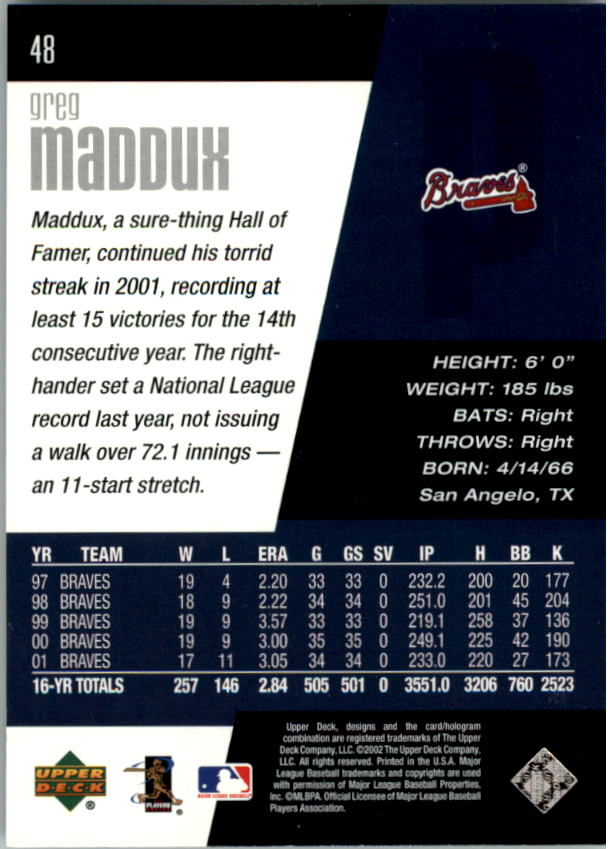 2002 Upper Deck Diamond Connection #48 Greg Maddux back image