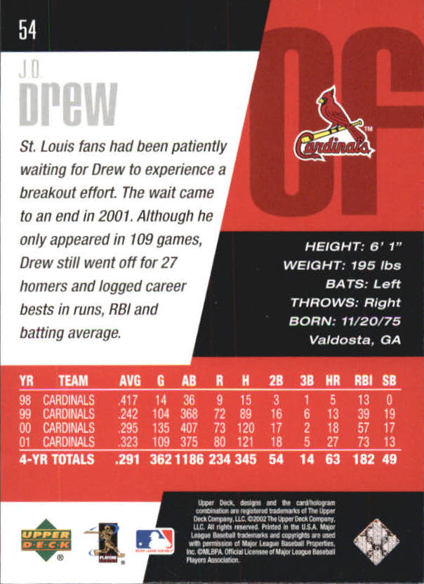 2002 Upper Deck Diamond Connection #54 J.D. Drew back image