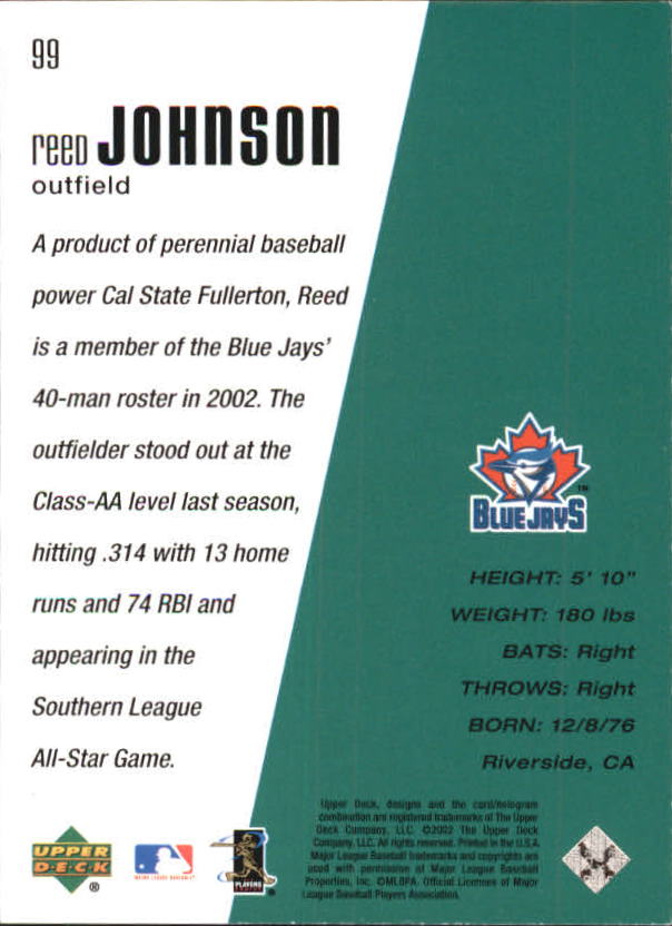 2002 Upper Deck Diamond Connection #99 Reed Johnson DC RC back image