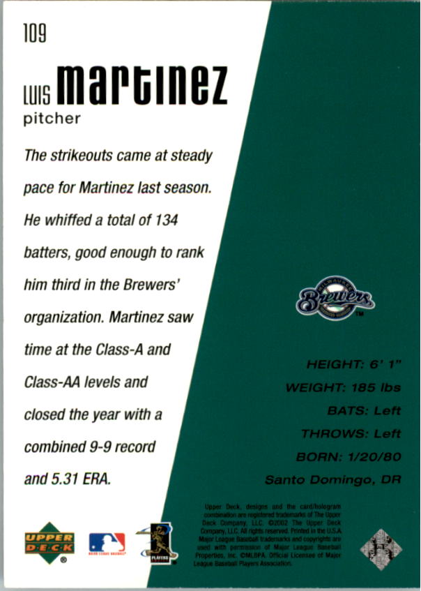 2002 Upper Deck Diamond Connection #109 Luis Martinez DC RC back image