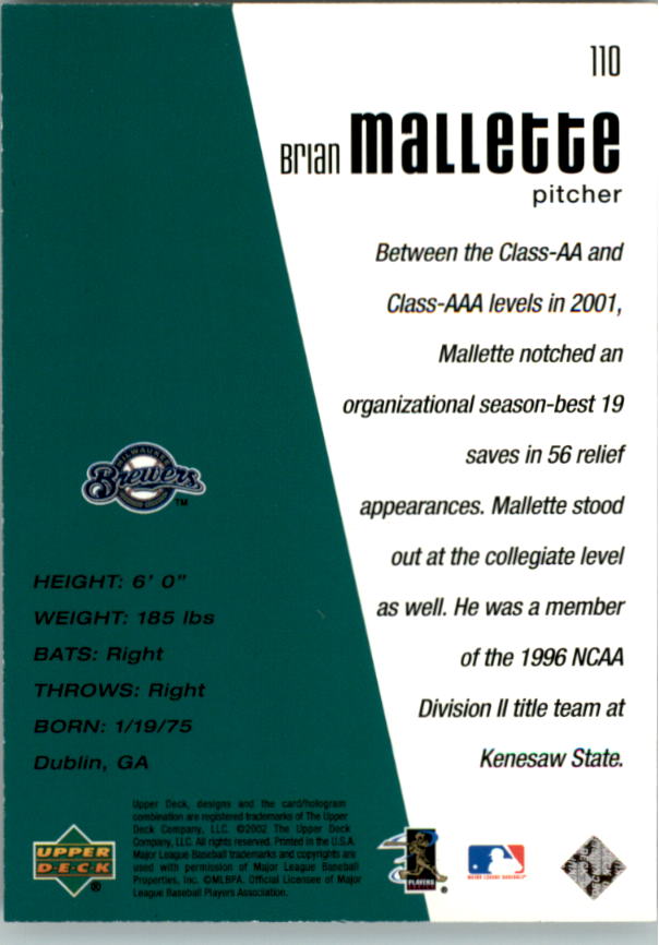 2002 Upper Deck Diamond Connection #110 Brian Mallette DC RC back image