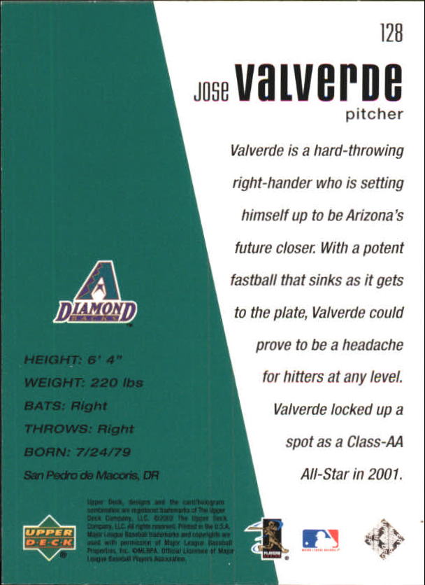 2002 Upper Deck Diamond Connection #128 Jose Valverde DC RC back image