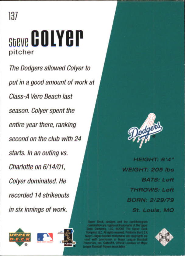 2002 Upper Deck Diamond Connection #137 Steve Colyer DC back image