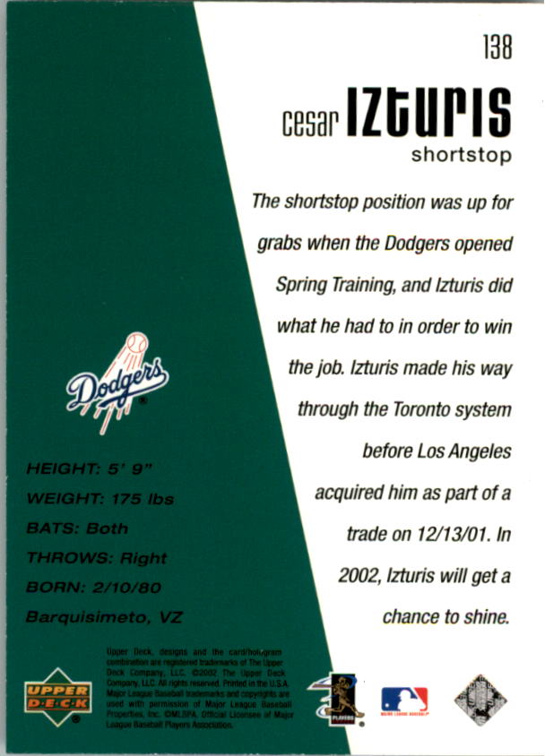 2002 Upper Deck Diamond Connection #138 Cesar Izturis DC back image
