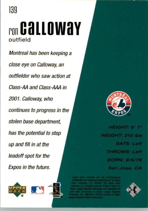 2002 Upper Deck Diamond Connection #139 Ron Calloway DC RC back image