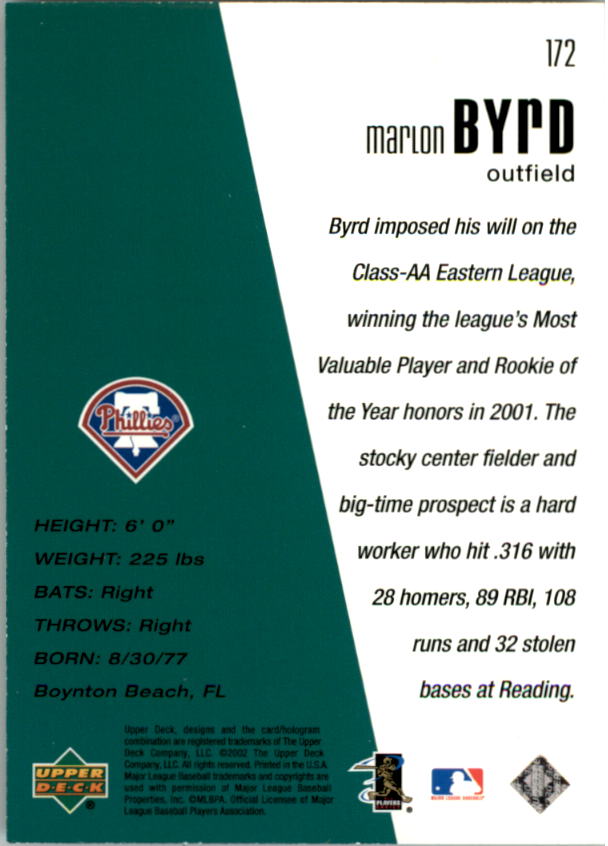 2002 Upper Deck Diamond Connection #172 Marlon Byrd DC back image