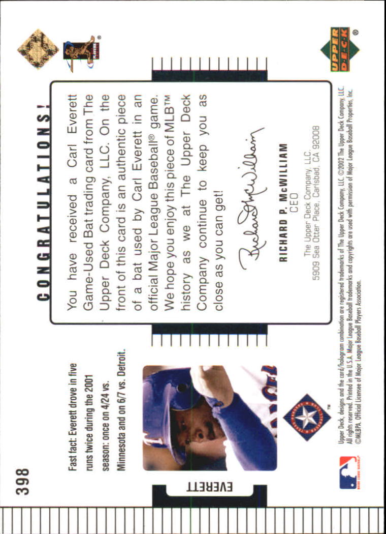 2002 Upper Deck Diamond Connection #398 Carl Everett DC Bat back image