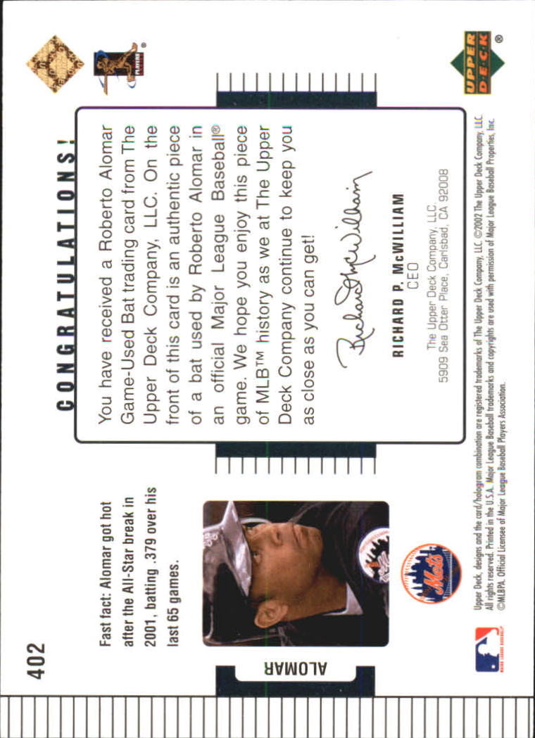 2002 Upper Deck Diamond Connection #402 Roberto Alomar DC Bat back image
