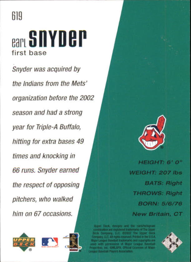 2002 Upper Deck Diamond Connection #619 Earl Snyder DC RC back image